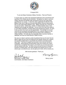 JB Charleston commander's welcome letter