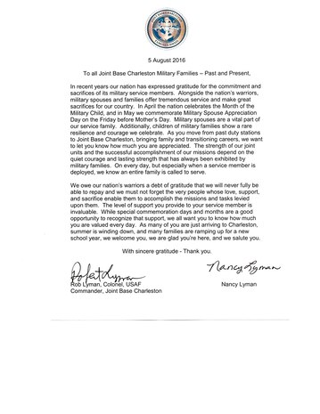 JB Charleston commander's welcome letter