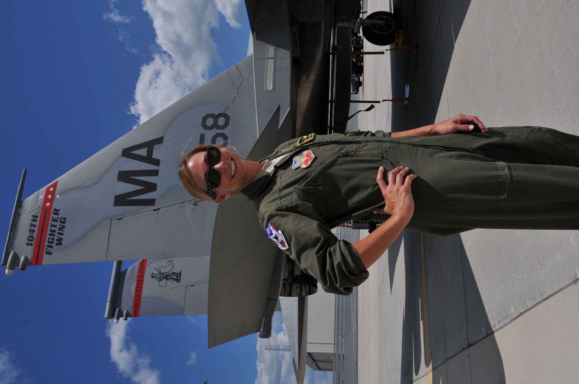 Maj. Ashley Rolfe is the first female fighter pilot for the Air National Guard’s 104th Fighter Wing. Rolfe is an Air Force Academy graduate and combat veteran who has served in the Air Force for eleven years. Rolfe became an Air Force pilot after growing up as an Air Force “Brat” dependent, following her dad and grandad’s footsteps carrying on the family legacy. Rolfe’s swearing in ceremony took place at Barnes Air National Guard Base, July 26, 2016. (U.S. Air National Guard Photo by Master Sgt. Julie Avey)  