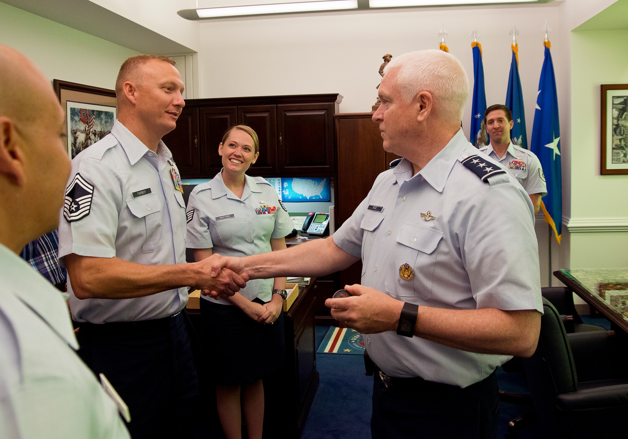 The Air National Guard's 2016 Outstanding Airmen of the Year tour the Pentagon and meet with Lt. Gen. L. Scott Rice, director of the Air National Guard, August 2, 2016. The event is part of the ANG's Focus on the Force Week, a series of events highlighting the importance of professional development at all levels, and the recognition of accomplishments throughout the enlisted corps. The OAY winners are Staff Sgt. Jennifer Masters, Airman of the Year; Tech. Sgt. Nicholas Jewell, Non-Commissioned Officer of the Year; Senior Master Sgt. Mark Farmer, Senior Non-Commissioned Officer of the Year; and Senior Master Sgt. Jack Minaya, First Sergeant of the Year. (U.S. Air National Guard photo by Staff Sgt. John Hillier)