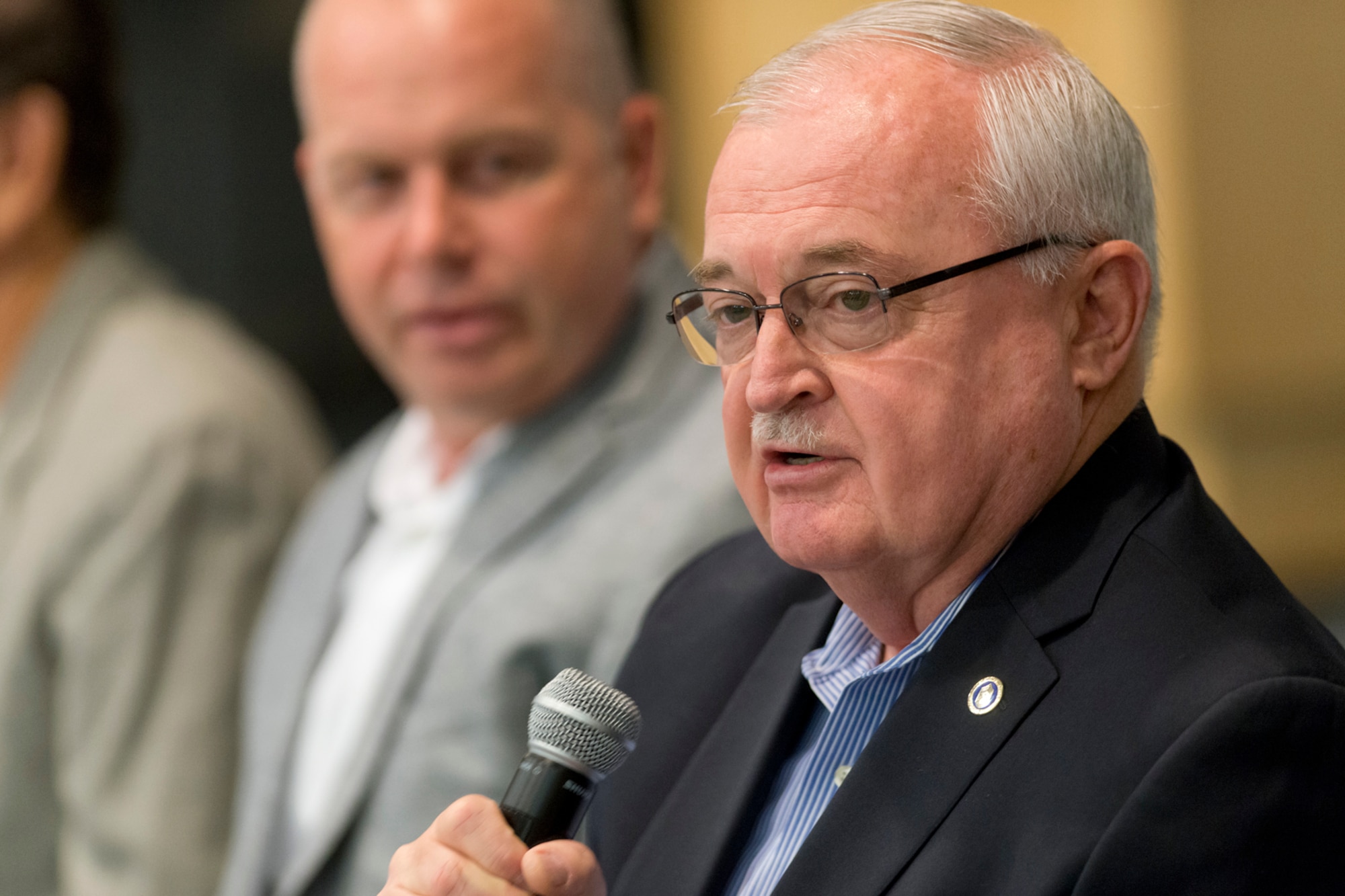 Retired Chief Master Sgt. Richard A. Smith, the 9th command chief master sergeant for the Air National Guard, responds to a question during the Focus on the Force Week “Formers Panel.” Focus on the Force Week is a series of events highlighting the importance of professional development for Airmen at all levels, and the recognition of accomplishments throughout the enlisted corps. (U.S. Air National Guard photo by Master Sgt. Marvin R. Preston)