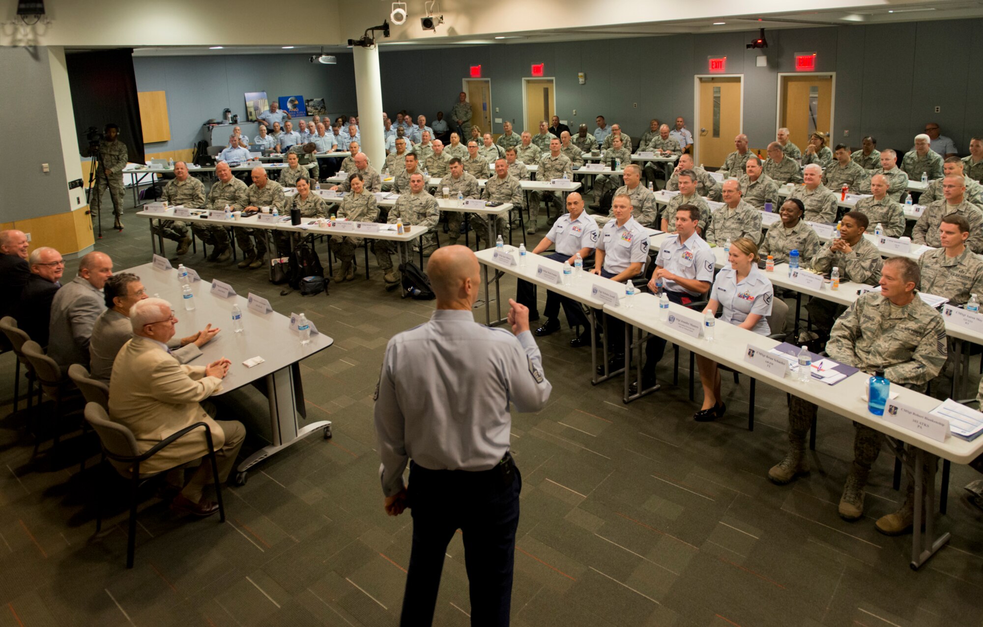 Chief Master Sgt. Ronald C. Anderson, the 12th command chief master sergeant for the Air National Guard, addresses recently promoted chief master sergeants during the Focus on the Force Week “Formers Panel.” Focus on the Force Week is a series of events highlighting the importance of professional development for Airmen at all levels, and the recognition of accomplishments throughout the enlisted corps. (U.S. Air National Guard photo by Master Sgt. Marvin R. Preston)