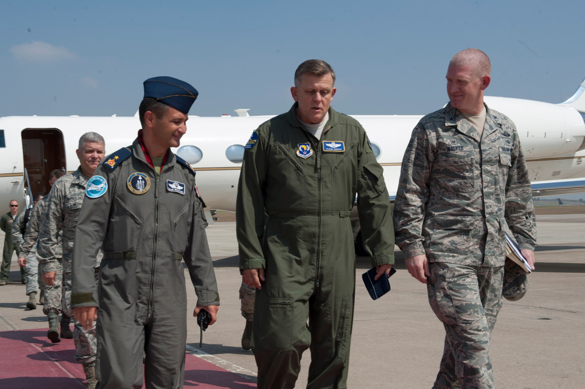 U.S. Air Force Gen. Frank Gorenc, commander, U.S. Air Forces in Europe, U.S. Air Forces Africa, and Allied Air Command, is greeted by Col. John Walker (right) and Turkish Air Force Brig. Gen. Ismail Günaydin, 10th Tanker Command commander, Aug. 3, 2016, at Incirlik Air Base, Turkey. Gorenc visited Airmen to thank them for their hard work and dedication during his time as USAFE-AFAFRICA commander. During the visit Gorenc also met with NATO Turkish partners. (U.S. Air Force photo by Airman 1st Class Devin M. Rumbaugh)