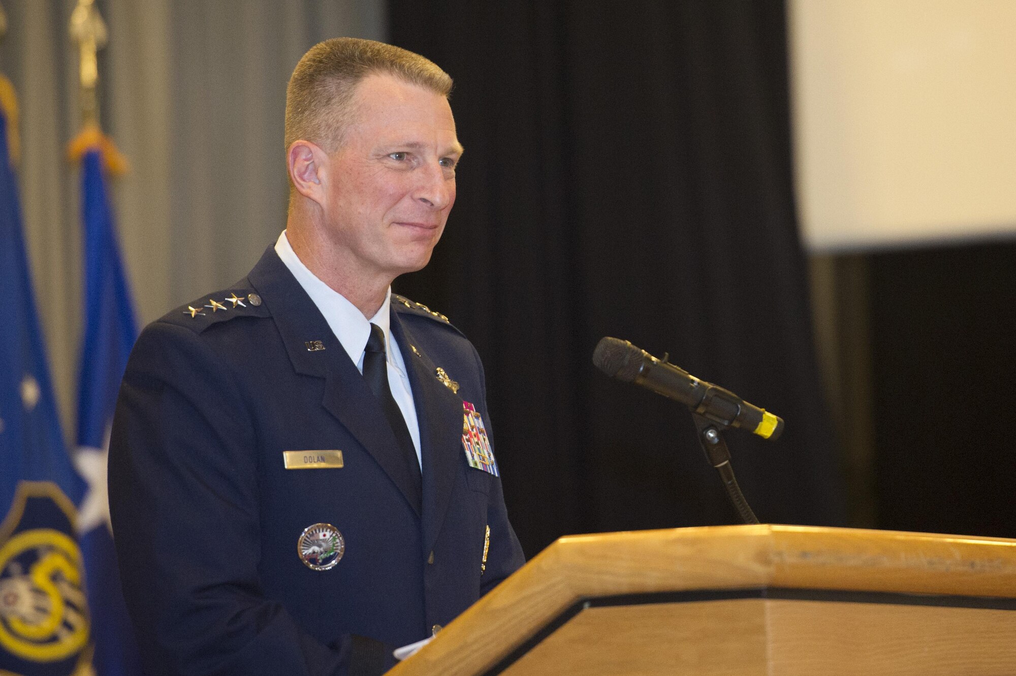 Lt. Gen. John Dolan speaks at his relinquishment of command ceremony, Aug. 4, 2016. General Dolan was appointed as the director for operations,J-3, Joint Staff, at the Pentagon. He leaves U.S. Forces, Japan following a
year of significant strides in the development of the U.S.-Japan alliance. (U.S. Air Force photo by Senior Airman Delano Scott/Released)
