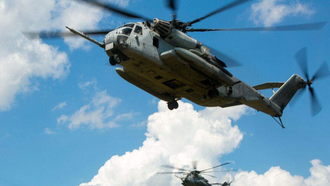 Two CH-53E Super Stallions with Marine Heavy Helicopter Squadron 461 prepare to land at Marine Corps Air Station New River, N.C., July 28, 2016 The CH-53E Super Stallion is the largest helicopter in the United States military, and able to carry a 26,000-pound Light Armored Vehicle, 16 tons of cargo, or enough combat-loaded Marines to lead an assault or humanitarian operation. The capabilities provided by the CH-53E strengthen the expeditionary capabilities of Marines Corps units and make this aircraft one of the most useful in the Marine Corps. HMH-461 is part of Marine Aircraft Group 29, 2nd Marine Aircraft Wing.