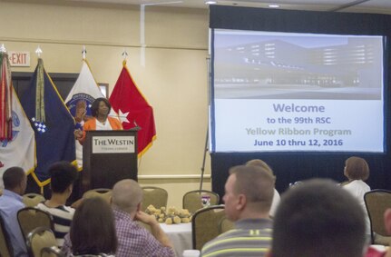 Soldiers and Families gathered for the 99th Regional Support Command Yellow Ribbon event at the Weston Tyson Corner hotel in Falls Church, Va., June 10-12. Yellow Ribbon, a Department of Defense effort, promotes Soldiers and families by connecting them to community partners and with resources throughout the deployment cycle. (U.S. Army Reserve photo by Sgt. Christina M. Dion)