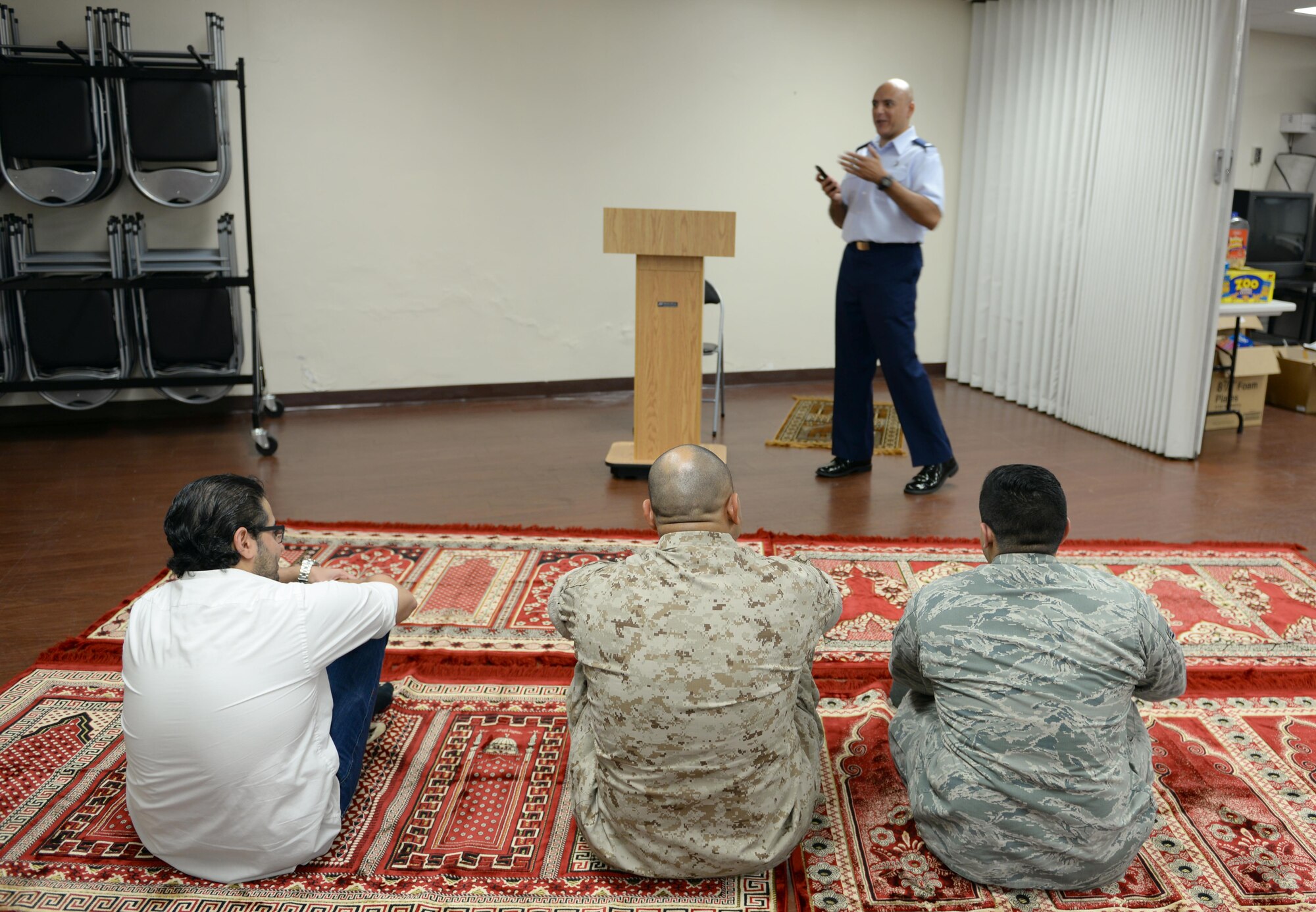 Chaplain Tamer Sayedahmed speaks to military members and civilians during his first Muslim religious service on Maxwell Air Force Base, Ala., July 29, 2016. This service has not been available to the base populous until now, and it is open to all individuals with access to base. (U.S. Air Force photo/Senior Airman Tammie Ramsouer) 