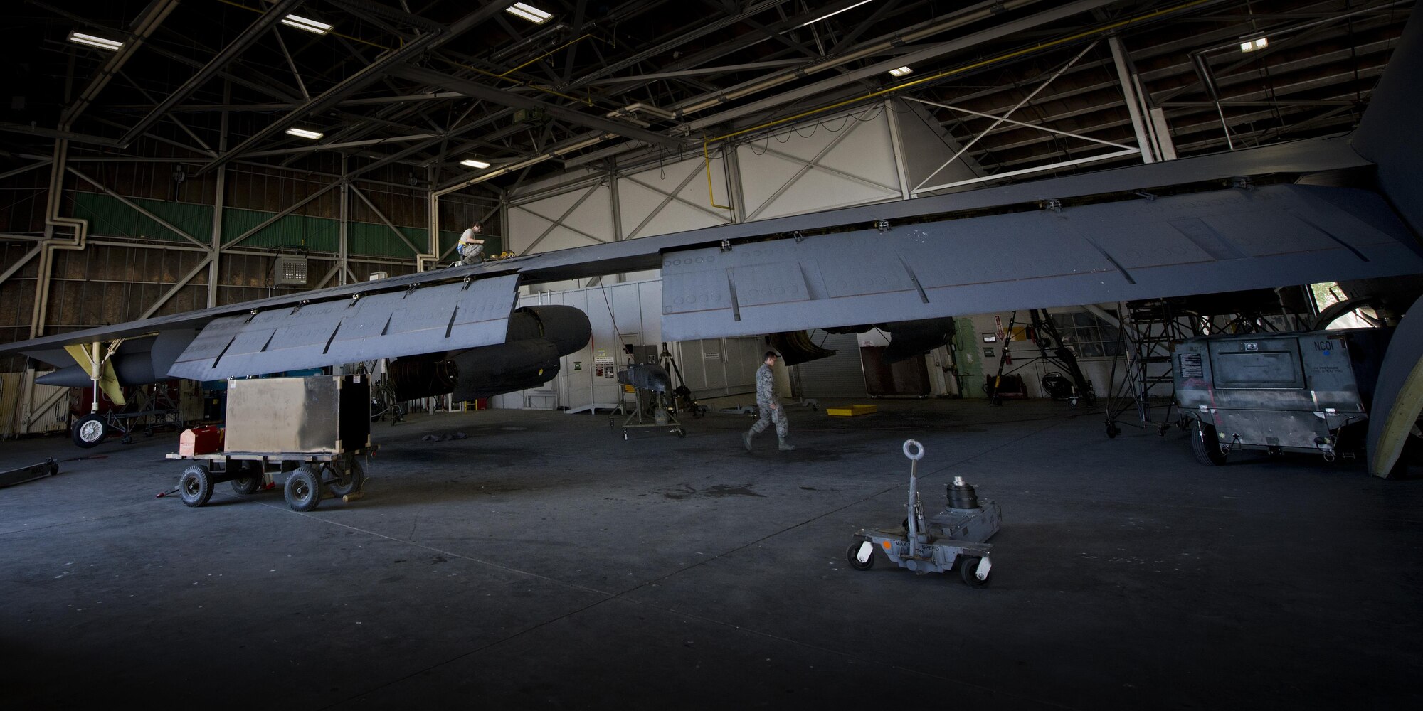 Airmen from the 5th Maintenance Squadron perform routine repairs atop the wing of a B-52H Stratofortress at Minot Air Force Base, N.D., August 2, 2016. Current engineering analyses show the B-52’s life span is projected to extend beyond the year 2040 with the help of skilled Airmen who keep them flying. (U.S. Air Force photo/Airman 1st Class J.T. Armstrong)