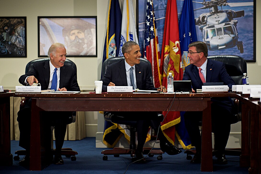 President Barack Obama, center, Vice President Joe Biden, left, and Defense Secretary Ash Carter greet each other during a meeting of the National Security Council at the Pentagon, Aug. 4, 2016, to discuss the campaign against the Islamic State of Iraq and the Levant. DoD photo by Air Force Tech. Sgt. Brigitte N. Brantley