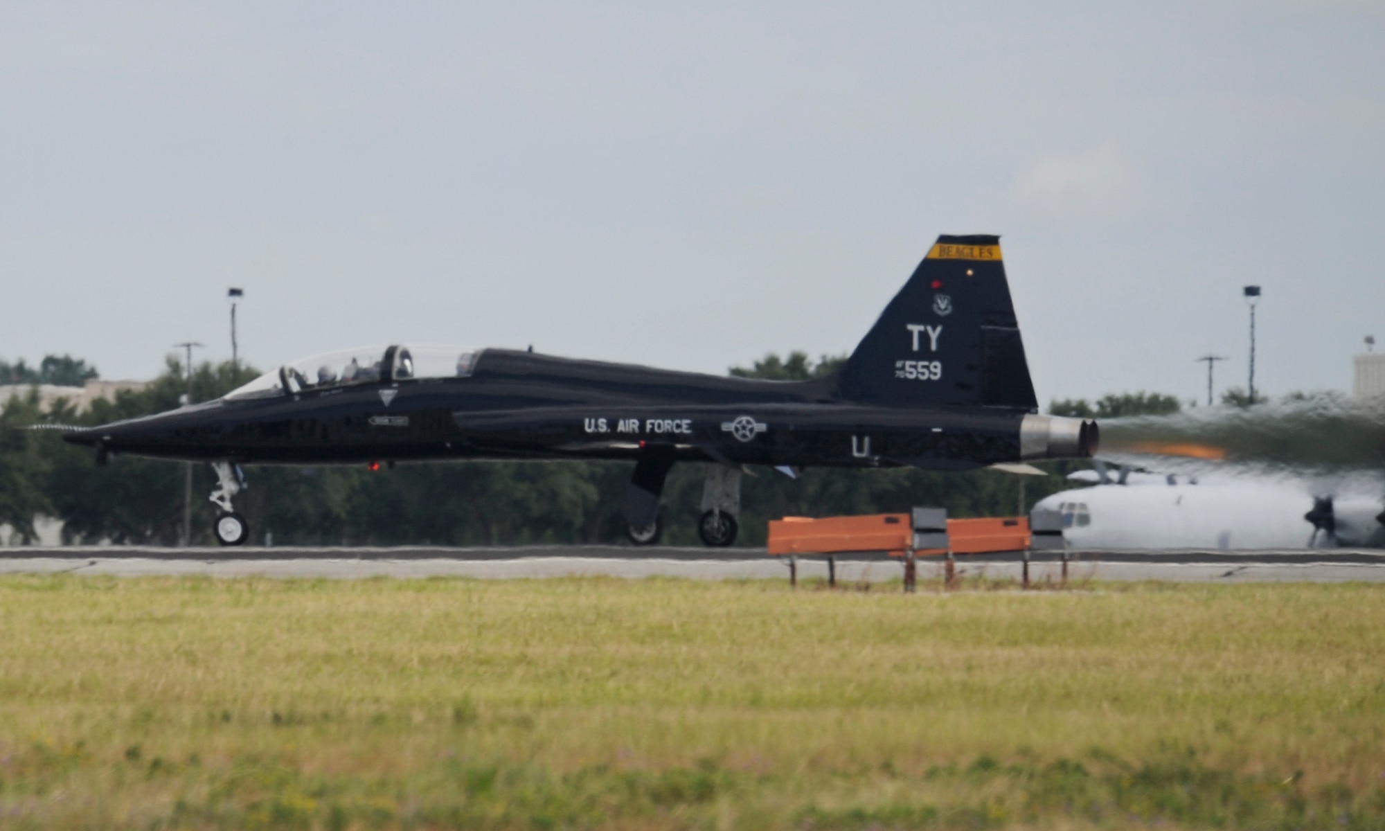 A T-38 Talon from the 2nd Fighter Training Squadron, accelerates down the flightline during Sentry Savannah 16-3 in Savannah, Ga., Aug. 2, 2016. Sentry Savannah is an exercise that gives a unique opportunity to conduct training missions with multiple unique types of aircraft called dissimilar air combat training. (U.S. Air Force photo by Senior Airman Solomon Cook/Released)