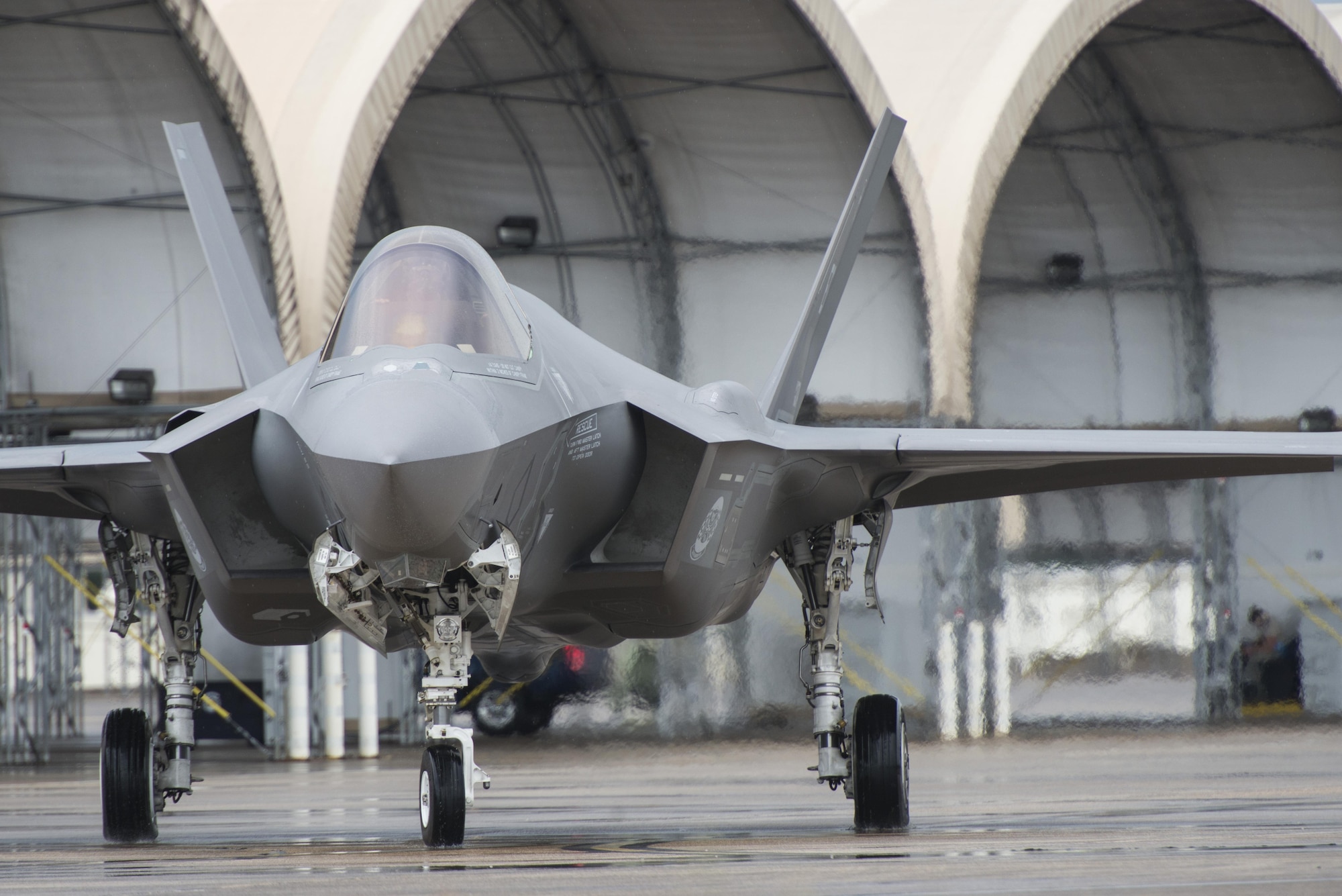 An F-35A taxis down the flightline Aug. 2, 2016, at Eglin Air Force Base, Fla. The F-35A is the latest deployable fifth generation aircraft capable of providing air superiority, interdiction, suppression of enemy air defenses and close air support as well as high-fidelity command and control functions through fused sensors, and provide pilots with unprecedented situational awareness of the battlespace. (U.S. Air Force photo by Senior Airman Stormy Archer)