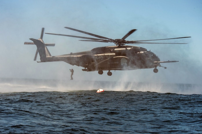 The Naval Surface and Mine Warfighting Development Center’s Commander, Task Unit 177.2.1 Explosive Ordnance Disposal technicians jump from a MH-53E Sea Dragon assigned to Helicopter Mine Countermeasures Squadron (HM) 14, during a mine-hunting exercise in support of the Southern California portion of Rim of the Pacific 2016. Twenty-six nations, more than 40 ships and submarines, more than 200 aircraft and 25,000 personnel are participating in RIMPAC from June 30 to Aug. 4, in and around the Hawaiian Islands and Southern California. The world's largest international maritime exercise, RIMPAC provides a unique training opportunity that helps participants foster and sustain the cooperative relationships that are critical to ensuring the safety of sea lanes and security on the world's oceans. RIMPAC 2016 is the 25th exercise in the series that began in 1971. 