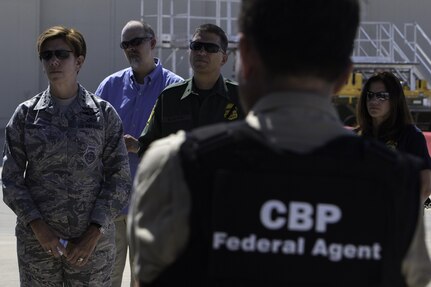 Gen. Lori Robinson (left), Commander of NORAD and USNORTHCOM, meets with members of the Customs and Border Protection with Joint Task Force - West in Tucson, Arizona, July 21, 2016.  Gen. Robinson was briefed on the mission and challenges on the U.S. border. She also toured the U.S. southern border via helicopter. NORTHCOM is a mission partner with the CBP. 
Joint Task Force – West (JTF-W) is part of the Department of Homeland Security's Southern Border and Approaches Campaign Plan. This joint task force structure focuses cross-departmental and integrated counter-network operations on strategic objectives across four geographical corridors. Area networks within the JTF-W Joint Operating Area include supporting components, Department of Defense Commands, International, State, Local, and Tribal entities.  JTF-W efforts are designed to extend the border and institutionalize an asymmetric operational agility, effectiveness, and impact against targeted Transnational Criminal Organization (TCO) networks.