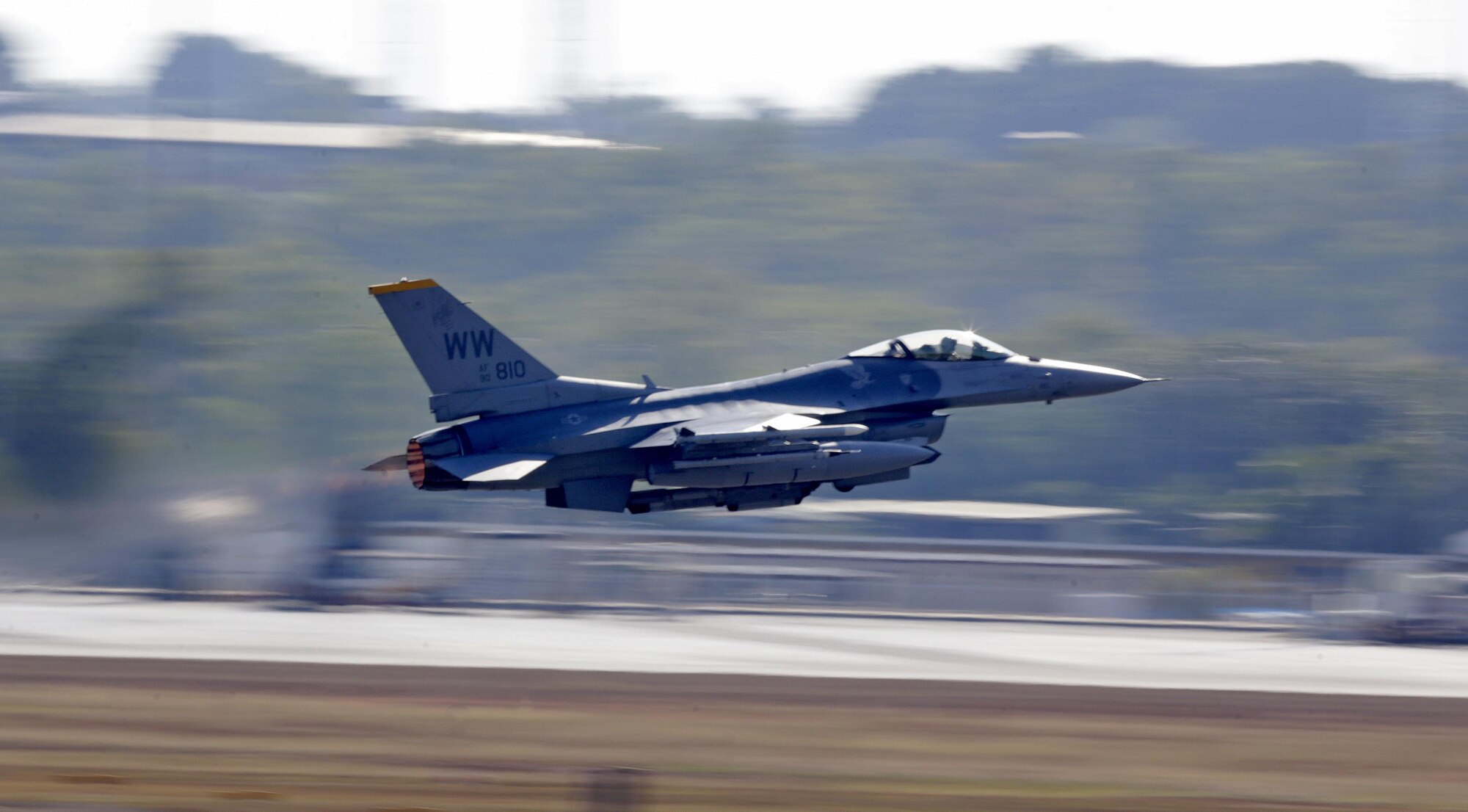 A U.S. Air Force F-16C takes off from Royal Australian Air Force (RAAF) Base Darwin as part of Exercise PITCH BLACK 16 (PB16). PB16 allows participant nations to exercise deployed units in the tasking, planning and execution of Offensive Counter Air and Offensive Air Support while utilizing one of the largest training airspace areas in the world.  The exercise is scheduled from July 29 to Aug.19, 2016.  (Australian Defence Force photo by LSIS Jayson Tufrey)