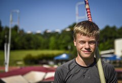 Andrew Bronson, 14, son of 628th Air Base Wing Command Chief Master Sgt. Mark A. Bronson, poses for a photo during pole vaulting practice at the Park West Recreation Center in Mt. Pleasant, S.C., July 20, 2016. Bronson was preparing to compete in the USA Track and Field National Junior Olympics which took place in Sacramento, Calif., July 25-31, 2016. (U.S. Air Force photo by Staff Sgt. Marianique Santos/Released)