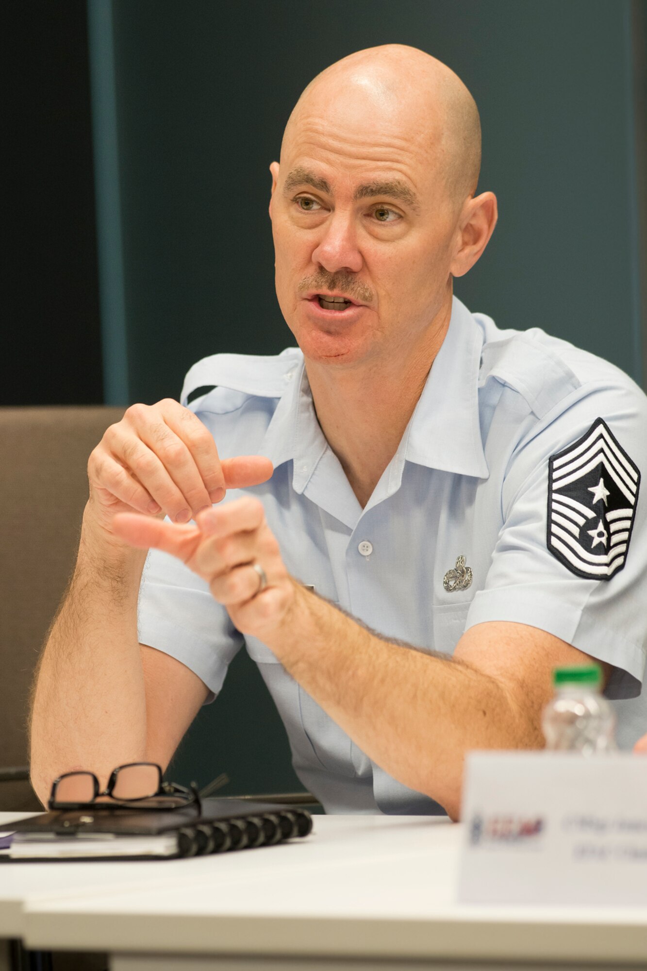 Chief Master Sgt. Ronald C. Anderson, the 12th command chief master sergeant of the Air National Guard, asks a question during the during the Focus on the Force Week's Enlisted Field Advisory Council meeting. Focus on the Force Week is a series of events highlighting the importance of professional development for Airmen at all levels, and the recognition of accomplishments throughout the enlisted corps. (U.S. Air National Guard photo by Master Sgt. Marvin R. Preston)