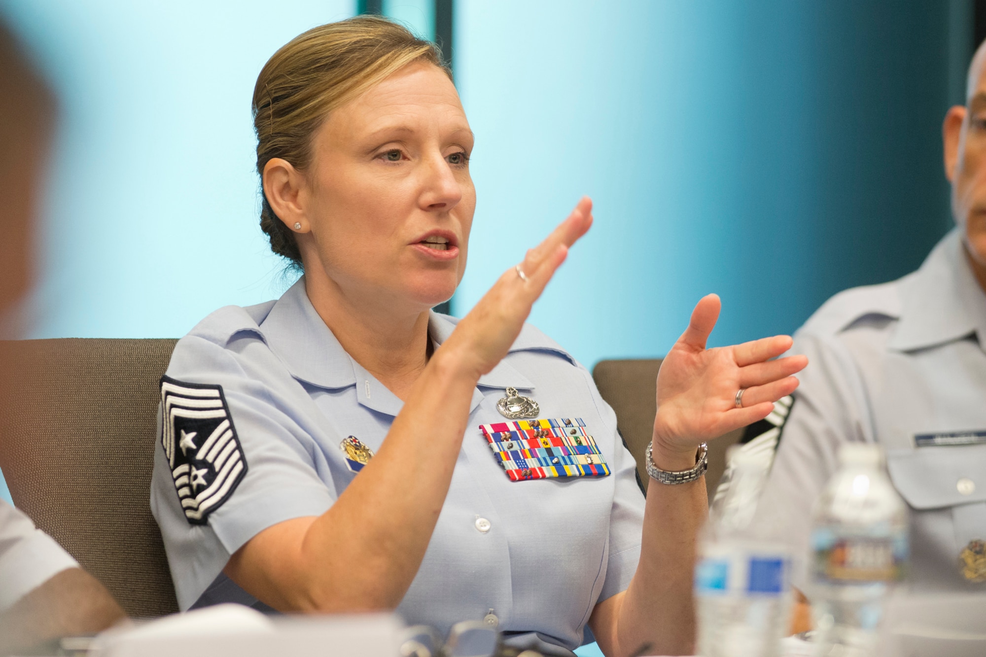 Chief Master Sgt. Lorraine F. Regan, command chief master sergeant of the Air National Guard Readiness Center, responds to a question during the Focus on the Force Week's Enlisted Field Advisory Council meeting. Focus on the Force Week is a series of events highlighting the importance of professional development for Airmen at all levels, and the recognition of accomplishments throughout the enlisted corps. (U.S. Air National Guard photo by Master Sgt. Marvin R. Preston)