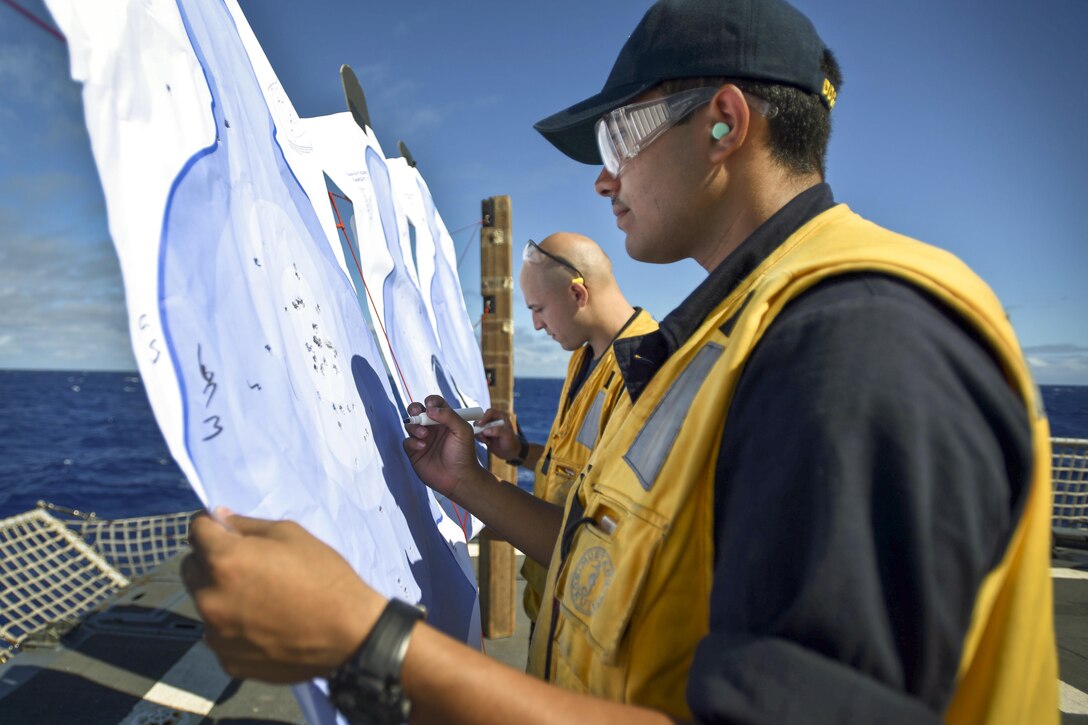 Seaman Apprentice Dante Salazar, front, and Petty Officer 3rd Class Shayne Shinabarger score targets as part of a live-fire gun exercise on the flight deck of the USS Shoup in the Pacific Ocean, Aug. 2, 2016. Navy photo by Petty Officer 2nd Class Holly L. Herline