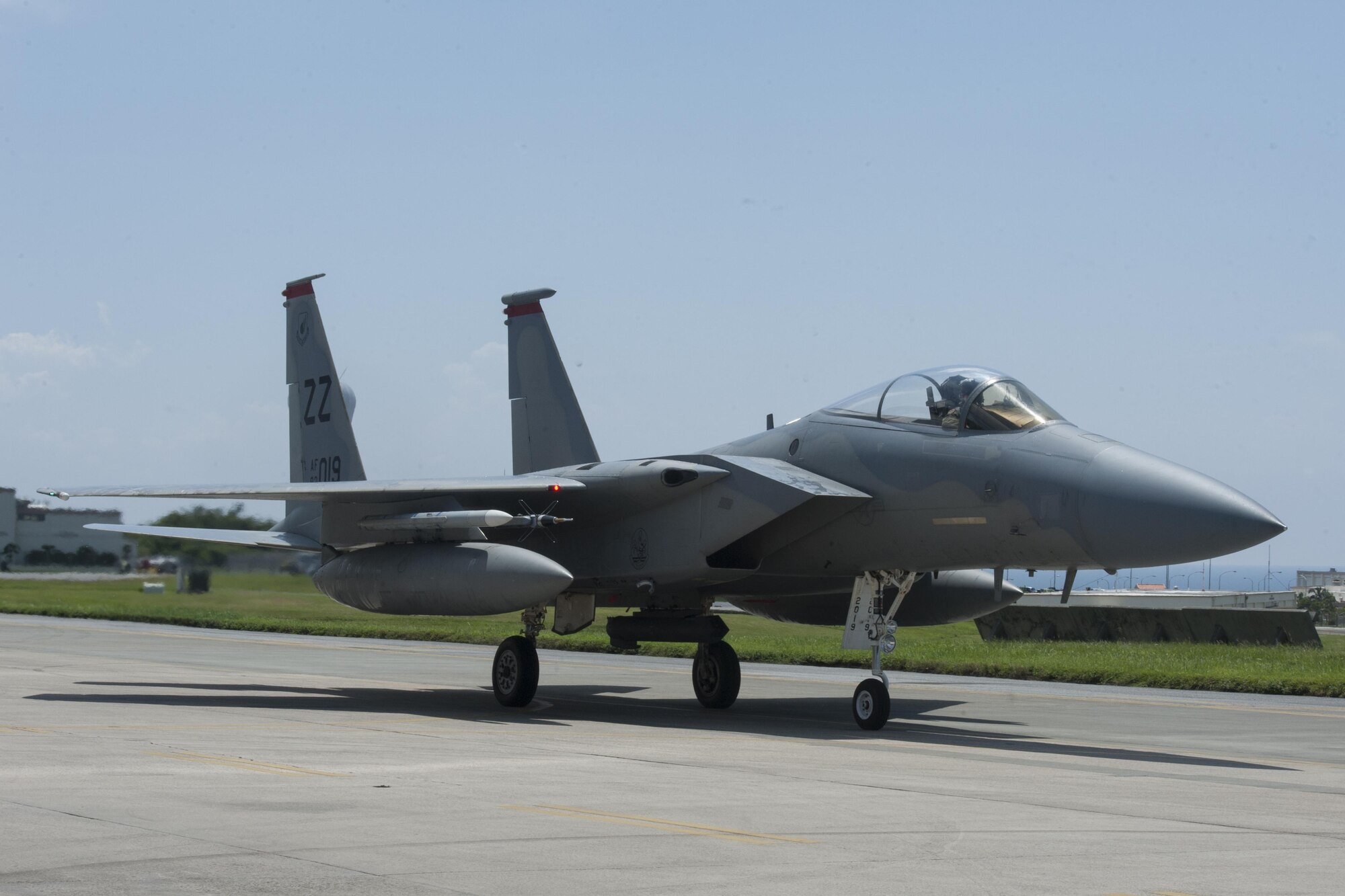 A U.S. Air Force F-15 Eagle assigned to the 67th Fighter Squadron returns from a flight July 29, 2016, at Kadena Air Base, Japan. This particular Eagle reached the 10,000 flight hours mark, making it the first F-15 on Kadena to reach this point. (U.S. Air Force photo by Airman 1st Class Lynette M. Rolen)