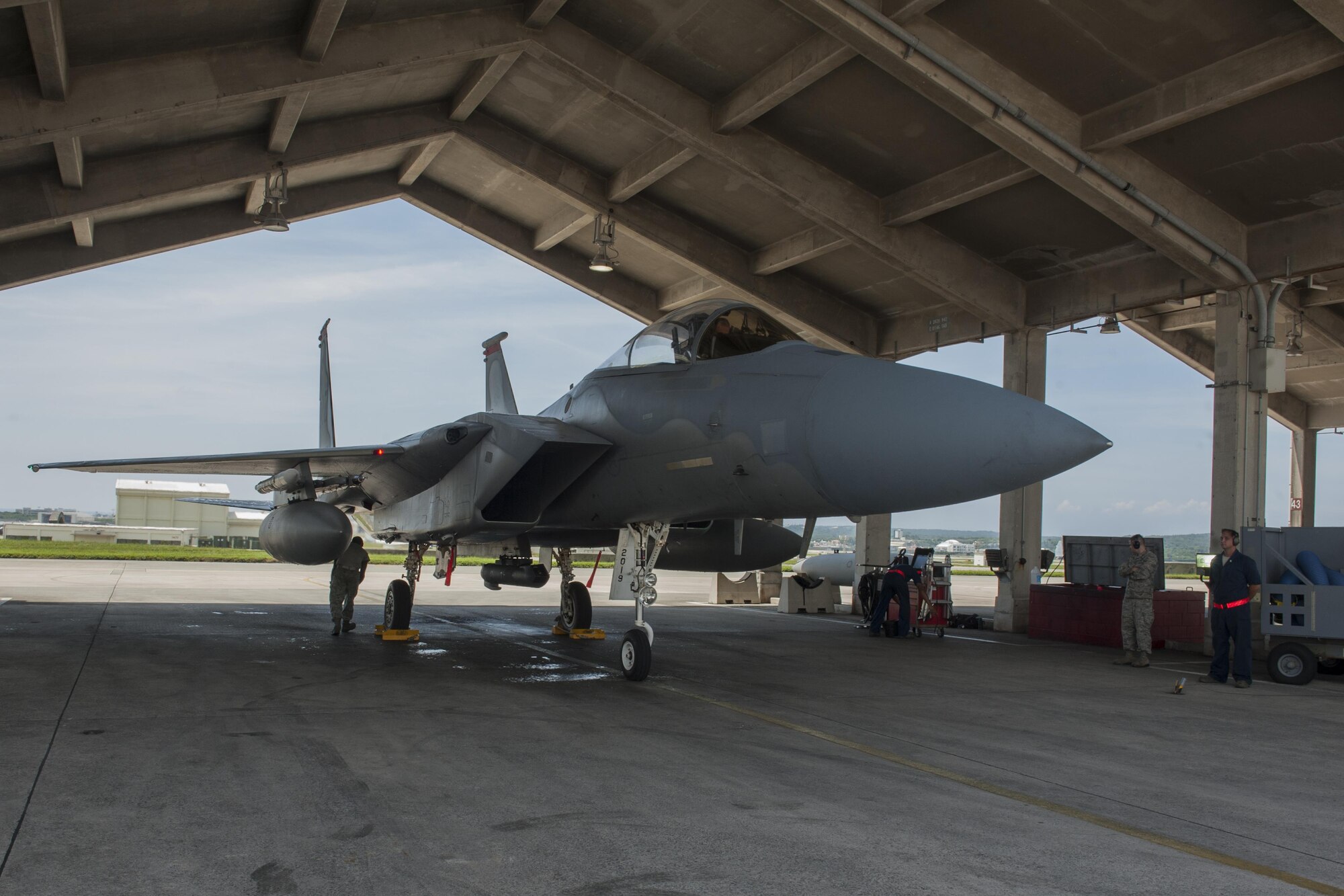 Airmen from the 18th Aircraft Maintenance Squadron await the exit of U.S. Air Force Lt. Col. James McFarland, 67th Fighter Squadron commander, from an F-15 Eagle July 29, 2016, at Kadena Air Base, Japan. This flight was McFarland’s fini flight as the 67th FS commander. The fini flight is a time-honored tradition where the commander of a squadron is recognized for their leadership. (U.S. Air Force photo by Airman 1st Class Lynette M. Rolen)