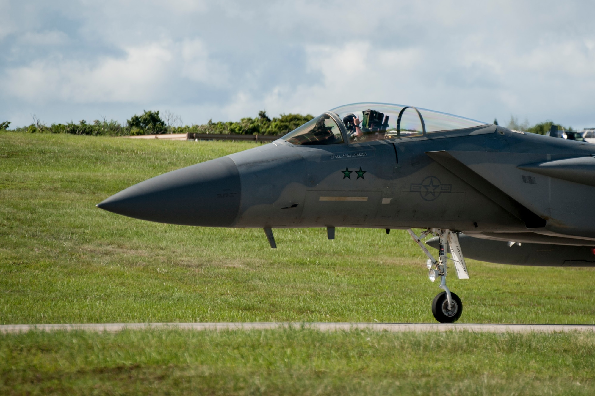 A 44th Fighter Squadron F-15 Eagle taxis on the flight line July 27, 2016, at Kadena Air Base, Japan. Pilots bear the responsibility of defending Okinawa and Japan from adversaries seeking to harm U.S. and allied partners within the Indo-Asian Pacific theater. (U.S. Air Force photo by Senior Airman Peter Reft)