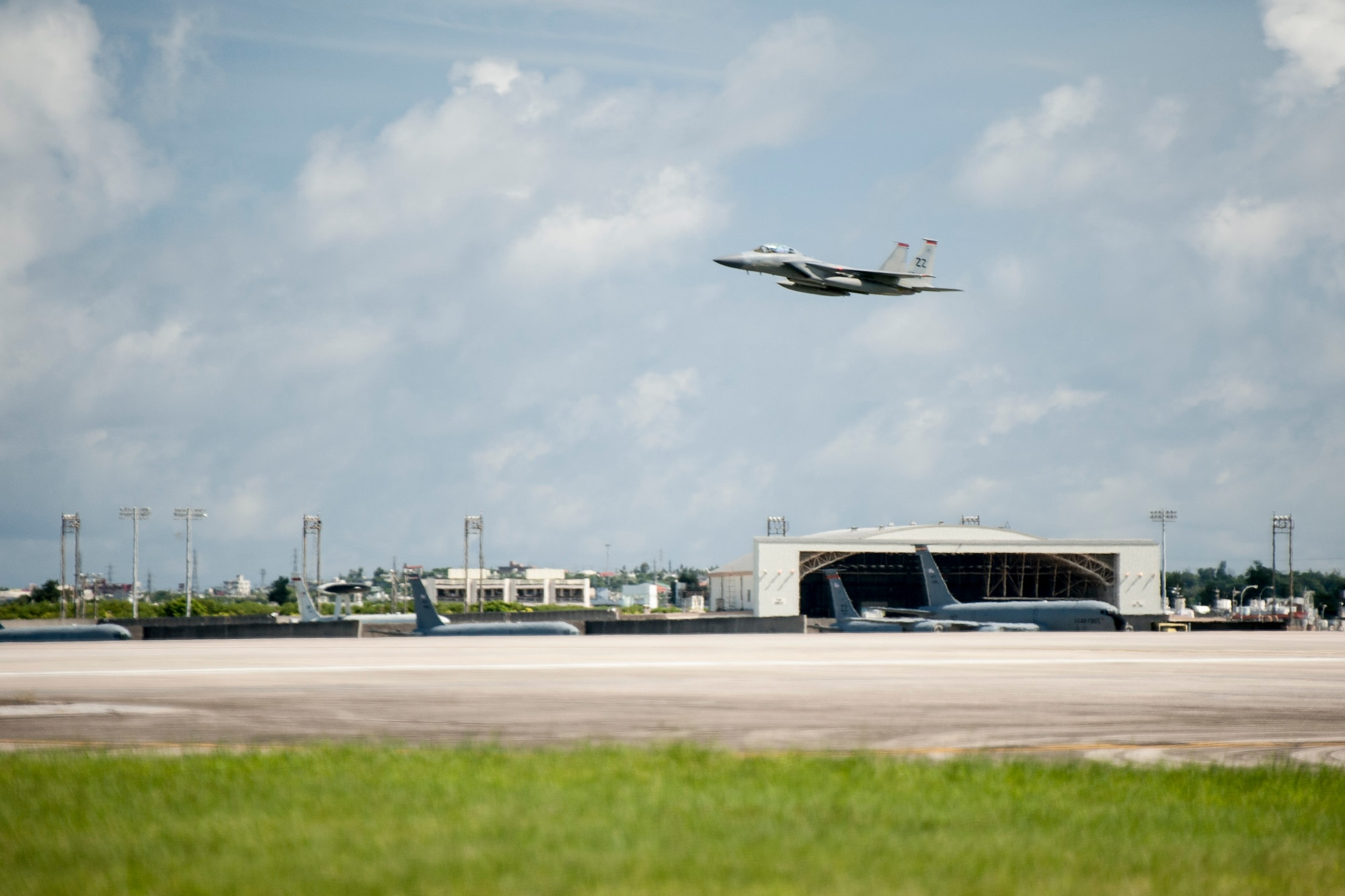 A 67th Fighter Squadron F-15 Eagle takes off for a sortie July 27, 2016, at Kadena Air Base, Japan. With a top speed of 1,875 mph and a range of 3,450 miles, the Eagle can respond at a moment’s notice to crisis and conflict anywhere in the Indo-Asia Pacific region. (U.S. Air Force photo by Senior Airman Peter Reft)