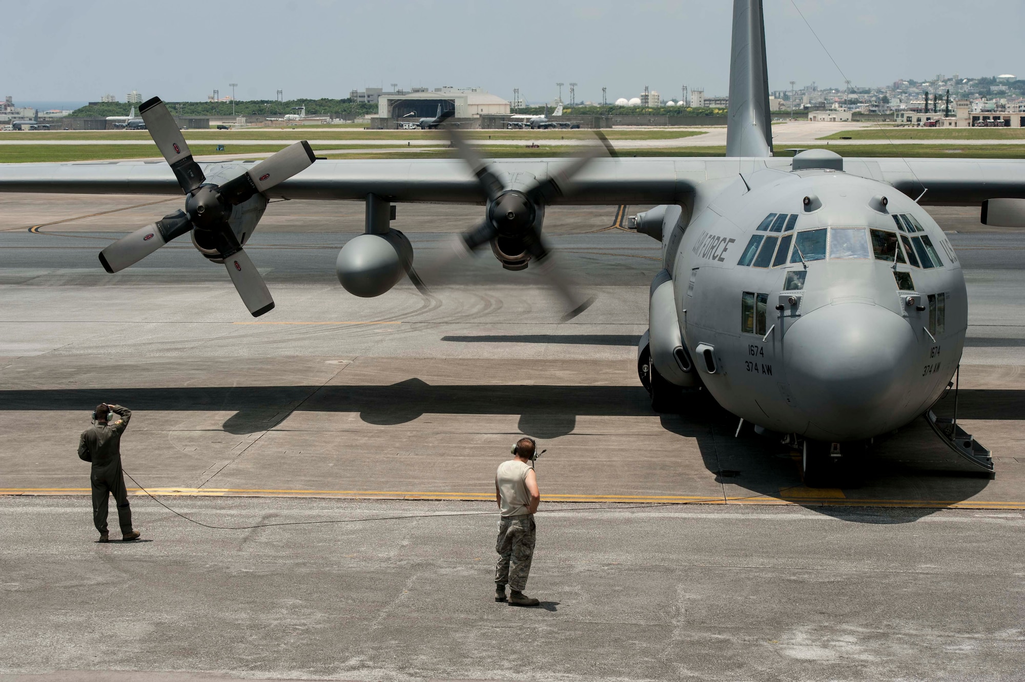 A C-130H Hercules assigned to Yokota Air Base, starts its engines July 28, 2016, at Kadena Air Base, Japan. As the keystone of the Pacific, Kadena AB supports a wide range of contingency and humanitarian operations throughout the Indo-Asia Pacific region. (U.S. Air Force photo by Senior Airman Peter Reft)