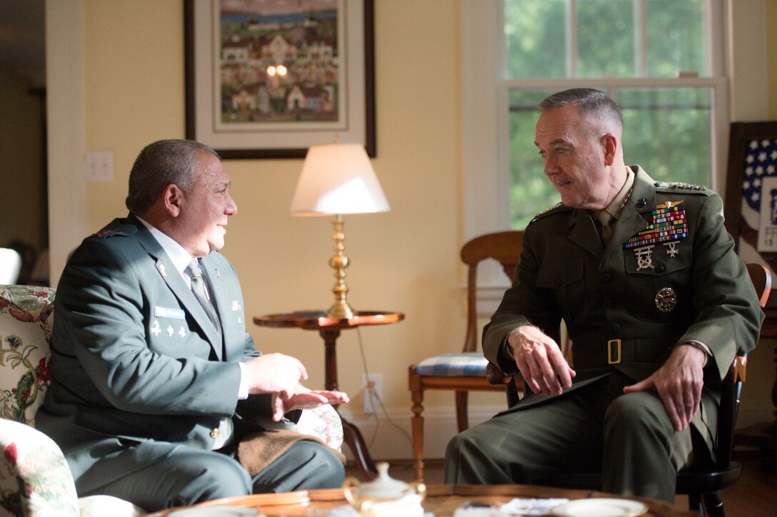 Marine Corps Gen. Joe Dunford, chairman of the Joint Chiefs of Staff, hosts his counterpart Israeli Lt. Gen. Gadi Eizenkot, the commander in chief of the Israel Defense Forces in Washington D.C., Aug. 4, 2016.  DoD Photo by Navy Petty Officer 2nd Class Dominique A. Pineiro