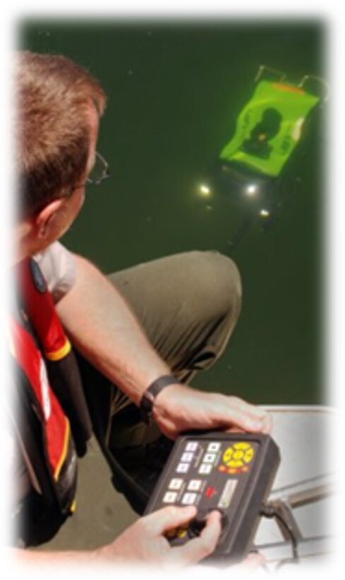 "Flying" the underwater robotic vehicle to surface near the work boat, Ranger John Chapman, U.S. Army Corps of Engineers Sacramento District