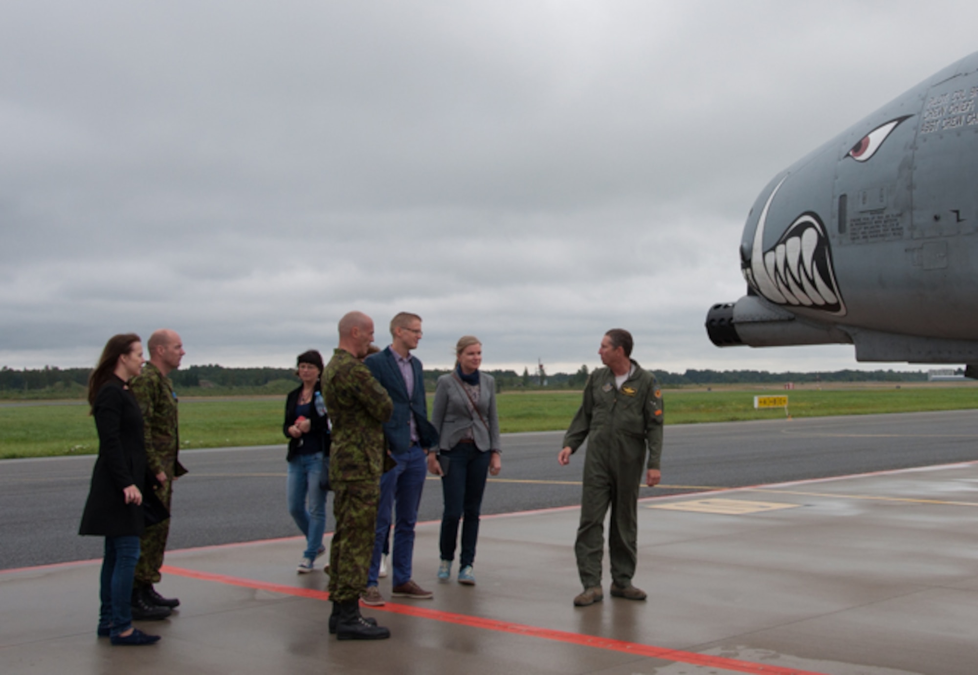 U.S. Air Force 303rd Fighter Squadron pilot, Lt. Col. Terry Gostomski, right, describes the capabilities of the aircraft to Estonian distinguished visitors at Ämari Air Base, Estonia, Aug. 4, 2016. The 303rd FS is participating in combat training with Estonian and other NATO ally forces in support of Operation Atlantic Resolve. (U.S. Air Force photo by Senior Airman Missy Sterling/released) 