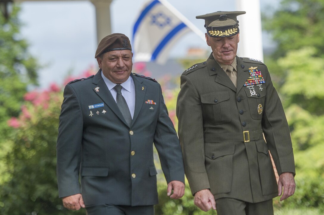 Marine Corps Gen. Joe Dunford, chairman of the Joint Chiefs of Staff, hosts his counterpart Israeli Lt. Gen. Gadi Eizenkot, the commander in chief of the Israel Defense Forces in Washington D.C., Aug. 4, 2016. DoD Photo by Navy Petty Officer 2nd Class Dominique A. Pineiro