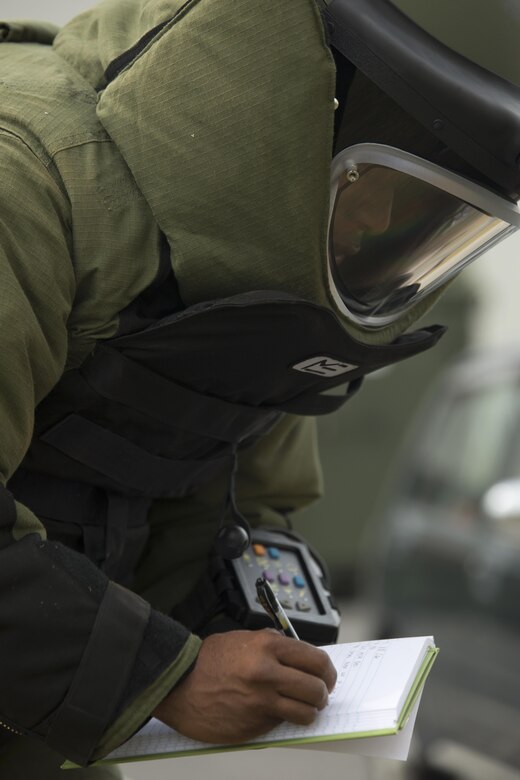 U.S. Marine Corps Sgt. Daquille Barzey-Ferguson, a Marine security guard with the Marine Corps Embassy Security Group at the U.S. Embassy in Tokyo, Japan, lists items from the memorization portion of the bomb suit agility test during his explosive ordnance disposal technician screening process outside the EOD building at Marine Corps Air Station Iwakuni, Aug. 2, 2016. The memorization portion of the EOD technician screening process was a KIMS game. A KIMS game is an observation exercise derived from Rudyard Kipling’s spy novel ‘Kim,’ where the person playing looks at a scene or variety of objects and later tries to remember as much as they can about what they saw. This part of the bomb suit agility test is important to test the Marine’s ability to remember details after going through physical activity in the EOD-9 Advanced Bomb Suit. (U.S. Marine Corps photo by Lance Cpl. Donato Maffin) 