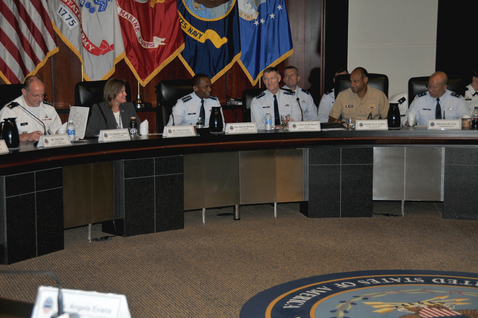 DLA and USTRANSCOM leaders discuss opportunities for future collaboration during USTRANSCOM/DLA Day Aug. 3 at the McNamara Headquarters Complex.