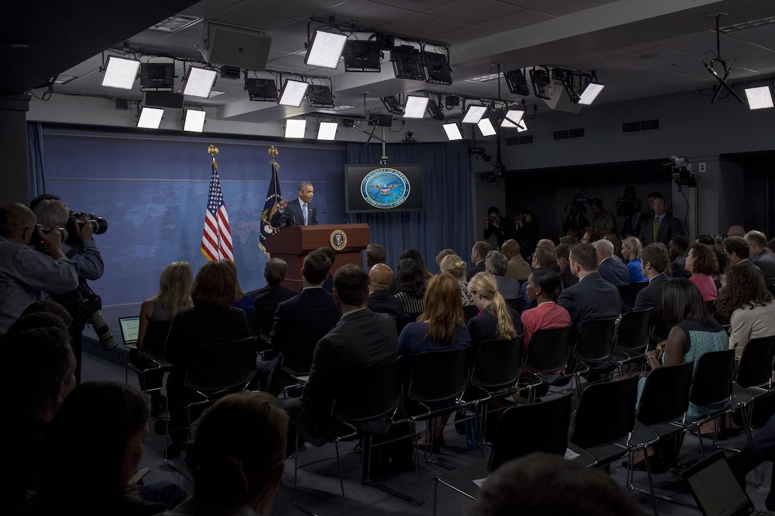 President Barack Obama hosts a news conference  to discuss the campaign against the Islamic State of Iraq and the Levant at the Pentagon, Aug. 4, 2016. DoD photo by Air Force Tech. Sgt. Brigitte N. Brantley