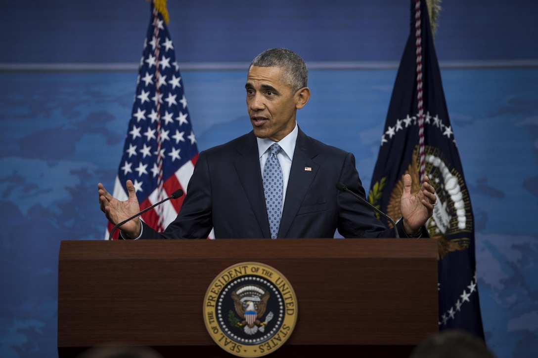 President Barack Obama hosts a news conference  to discuss the campaign against the Islamic State of Iraq and the Levant. at the Pentagon, Aug. 4, 2016. DoD photo by Air Force Tech. Sgt. Brigitte N. Brantley