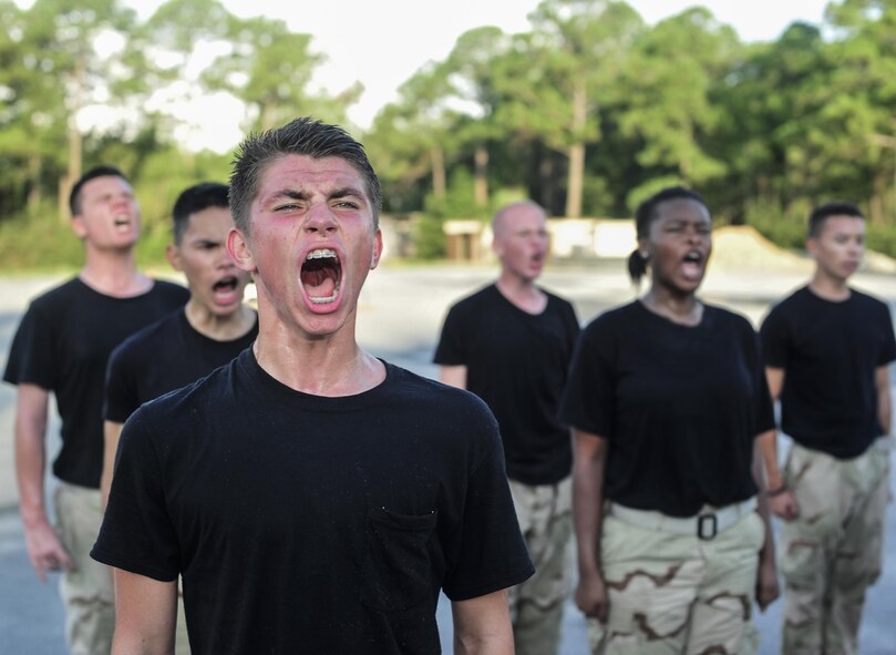 A Junior Reserve Officers' Training Corps cadet shouts during a workout at Hurlburt Field, Fla., July 22, 2016. From July 18-22, more than 60 Junior ROTC cadets from nearby high schools visited base for their Summer Leadership School - a course designed to teach cadets leadership, confidence and other traits. (U.S. Air Force photo by Airman 1st Class Joseph Pick)