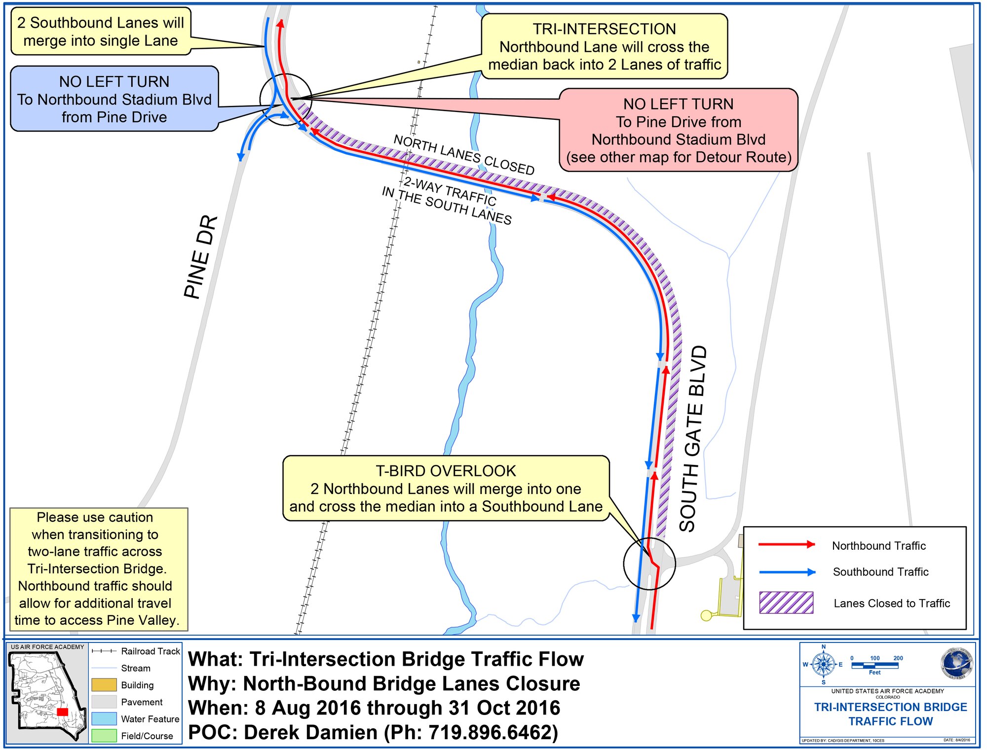 The northbound lanes of the Tri-intersection Bridge on South Gate Blvd. will be closed from Aug. 8 to Oct. 31 to repair the damaged bridge deck. The southbound bridge will accommodate two-way traffic during construction. 
