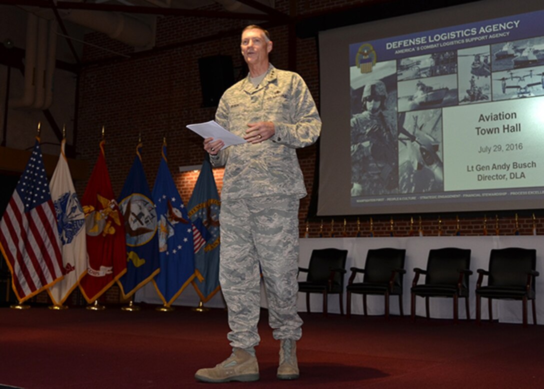 Defense Logistics Agency’s Director Air Force Lt. Gen. Andy Busch conducts a town hall for DLA Aviation employees in Richmond, Virginia, July 29, 2016, and discusses warfighter support, the Denison Culture Survey results, and continued process improvements. 