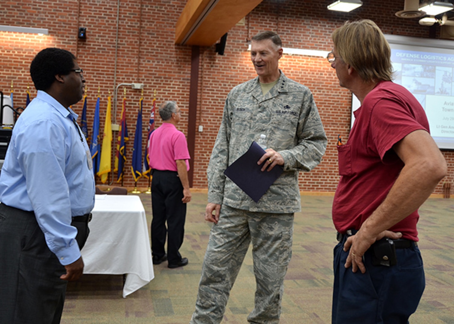 Defense Logistics Agency’s Director Air Force Lt. Gen. Andy Busch speaks with DLA Aviation employees after the town hall, July 29, in the Lotts Conference Center on Defense Supply Center Richmond, Virginia. 