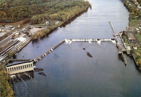 Aerial of the Troy Lock and Dam in Troy, New York. 