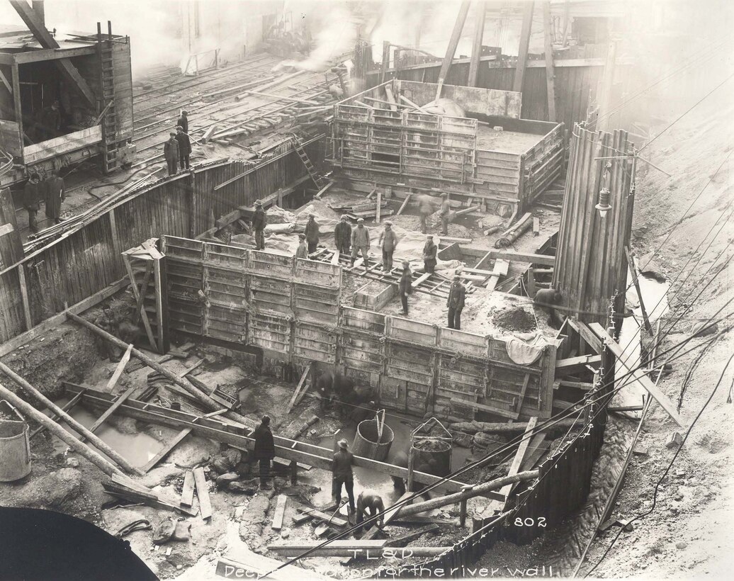 Historic image of the Troy Lock and Dam being constructed a century ago. 