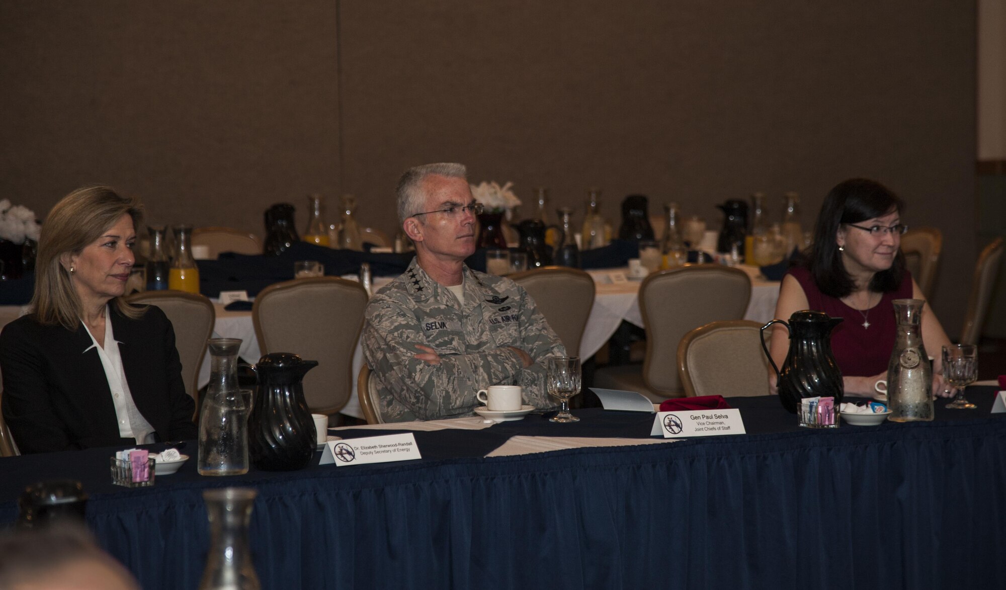Dr. Elizabeth Sherwood-Randall, deputy secretary of energy, Gen. Paul Selva, vice chairman of the Joint Chiefs of Staff, and his wife, Mrs. Ricki Selva, receive a combined mission briefing from members of the 5th Bomb Wing and 91st Missile Wing at Minot Air Force Base, N.D., Aug. 3, 2016. Sherwood-Randall and Gen. Selva took a tour of the base seeing both sides of the mission to show Minot’s efficiency in maintaining two parts of the nuclear triad, while Mrs. Selva met with junior enlisted Airmen, company grade officers and spouses to discuss quality of life and other important topics.  (U.S. Air Force photo/Airman 1st Class Christian Sullivan)