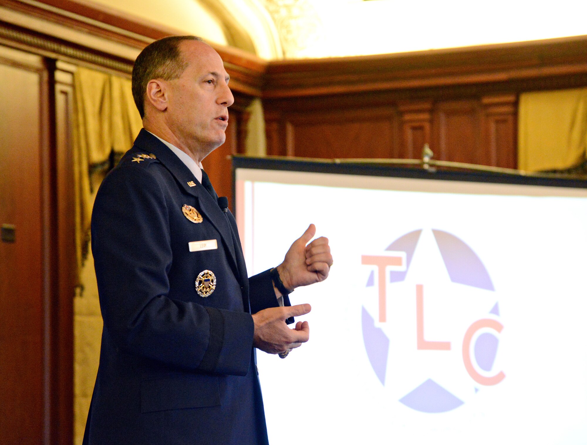 Air Force Sustainment Center Commander Lt. Gen. Lee Levy II spoke to military and community leaders and Oklahoma City Chamber members at the Tinker Leadership Community Luncheon July 22 at the Skirvin Hotel in Oklahoma City.