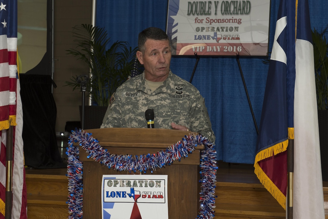 Maj. Gen. Jake Betty, commanding general of the Texas State Guard (TXSG) addresses the audience during the Operation Lone Star VIP event, July 28, 2016 in Brownsville, Texas. Service members from the TXSG worked alongside Soldiers from the 804th Medical Brigade, U.S. Army Reserves, the Texas Department of Public Safety, the Department of State Health Services, Remote Area Medical volunteers, Cameron County Department of Human Health Services (DHHS), City of Laredo Health Department, Hidalgo County DHHS and U.S. Public Health Services during Operation Lone Star (OLS), a week long real-time, large-scale emergency preparedness exercise in La Joya, Pharr, Brownsville, Rio Grande City and Laredo, Texas, July 25-29, 2016. OLS is an annual medical disaster preparedness training exercise, uniting federal, state and local health and human service providers, that addresses the medical needs of thousands of underserved Texas residents every year. (U.S. Army National Guard photo by CPT Martha Nigrelle)