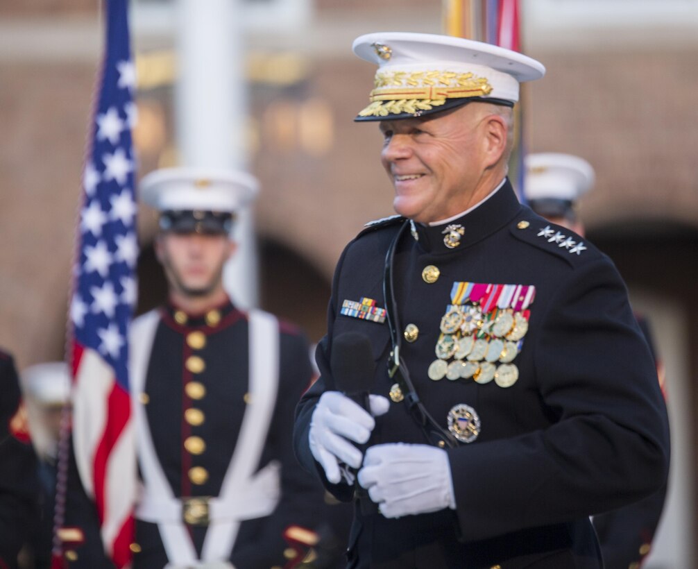 Gen. Robert B. Neller, commandant of the Marine Corps, speaks during a retirement ceremony in honor of Gen. John M. Paxton Jr., outgoing assistant commandant of the Marine Corps, at Marine Barracks Washington, D.C., Aug. 4, 2016. Paxton, the only assistant commandant to serve three commandants and oldest active duty Marine, served 42 selfless and dedicated years in the Marine Corps. (Official Marine Corps photo by Lance Cpl. Robert Knapp/Released)