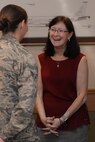 Ricki Selva, spouse of the vice chairman of the Joint Chiefs of Staff, talks with an Airman at Minot Air Force Base, N.D., August 3, 2016. Selva met with junior enlisted Airmen, company grade officers and spouses to discuss quality of life and other important topics. (U.S. Air Force photo/Airman 1st Class Jessica Weissman)