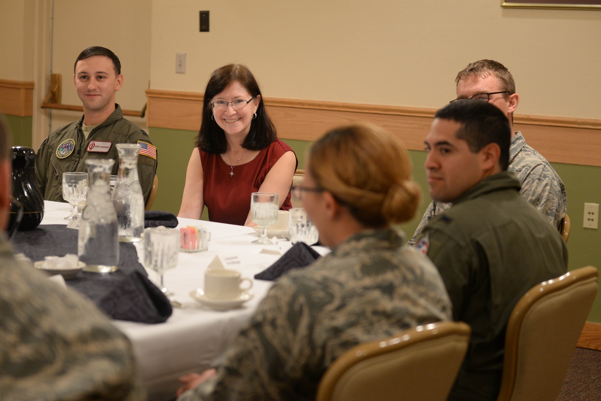 Ricki Selva, spouse of the vice chairman of the Joint Chiefs of Staff, meets with company grade officers at Minot Air Force Base, N.D., August 3, 2016. Selva was a once a captain in the U.S. Air Force that worked with the B-52 Stratofortress and shared her advice and experiences. (U.S. Air Force photo/Airman 1st Class Jessica Weissman)