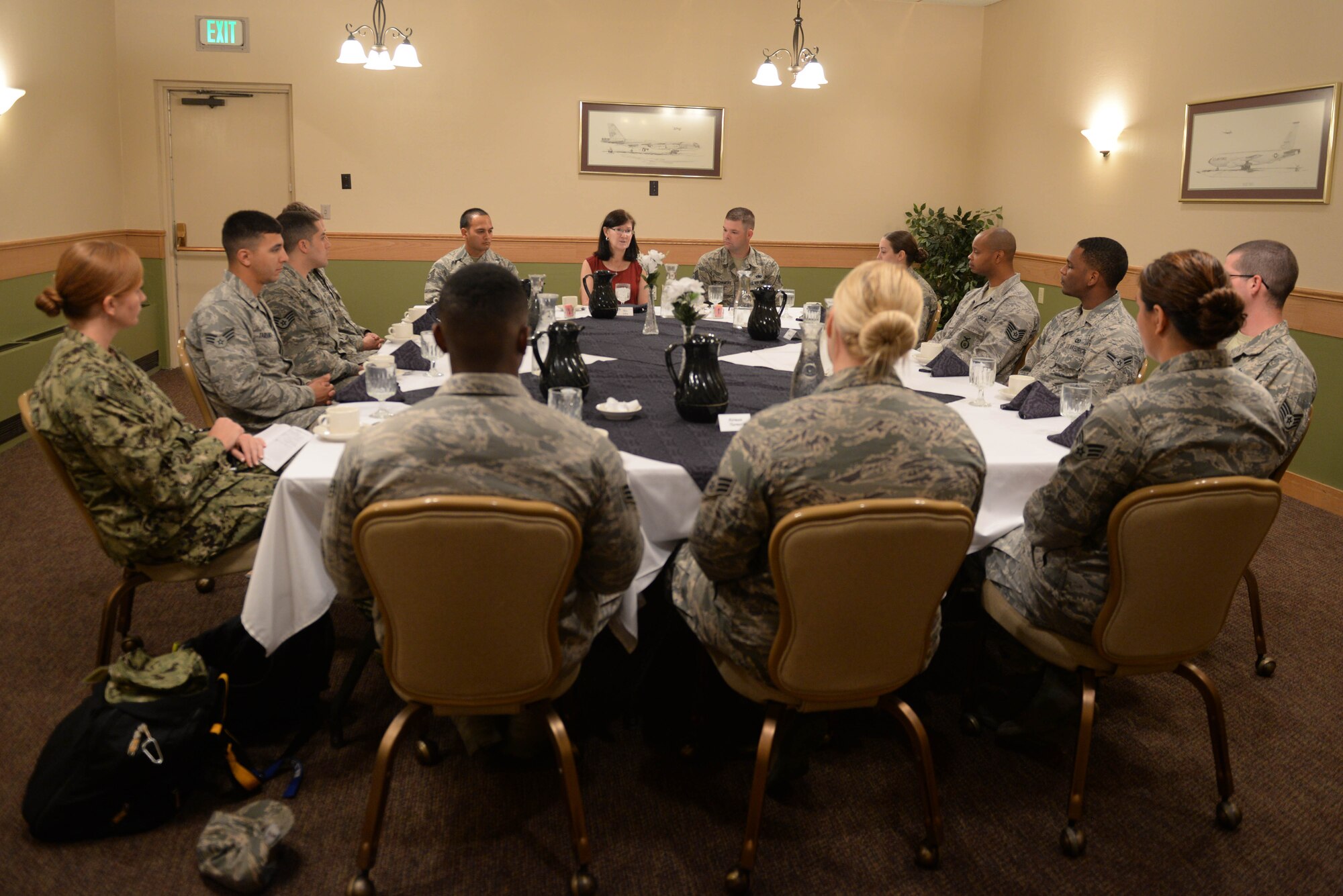Ricki Selva, spouse of the vice chairman of the Joint Chiefs of Staff, meets with junior enlisted Airmen at Minot Air Force Base, N.D., August 3, 2016. Selva spoke with Airmen about their quality of life, housing on and off base and personal goals. (U.S. Air Force photo/Airman 1st Class Jessica Weissman)