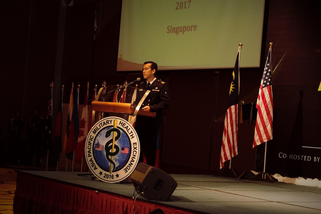 Singaporean Rear Adm. Tang Kong Choong, chief of the Armed Forces Medical Corps, addresses attendees at the 2016 Asia Pacific Military Health Exchange’s closing ceremony in Kuantan, Malaysia, Aug. 5, 2016. DoD photo by Air Force Master Sgt. Todd Kabalan