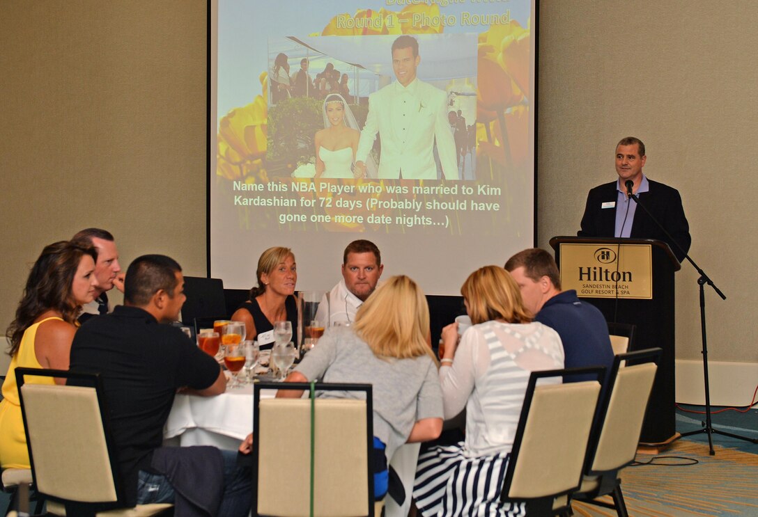 Air Commandos and their spouses play a trivia game during the 1st Special Operations Wing Chaplain Corps resiliency retreat “Rekindling the Romance Date Night” at the Sandestin Hilton in Miramar Beach, Fla., July 28, 2016. Airmen and their spouses were treated to dinner, games, prizes and communication and connection exercises during the event. (U.S. Air Force photo by Senior Airman Andrea Posey)